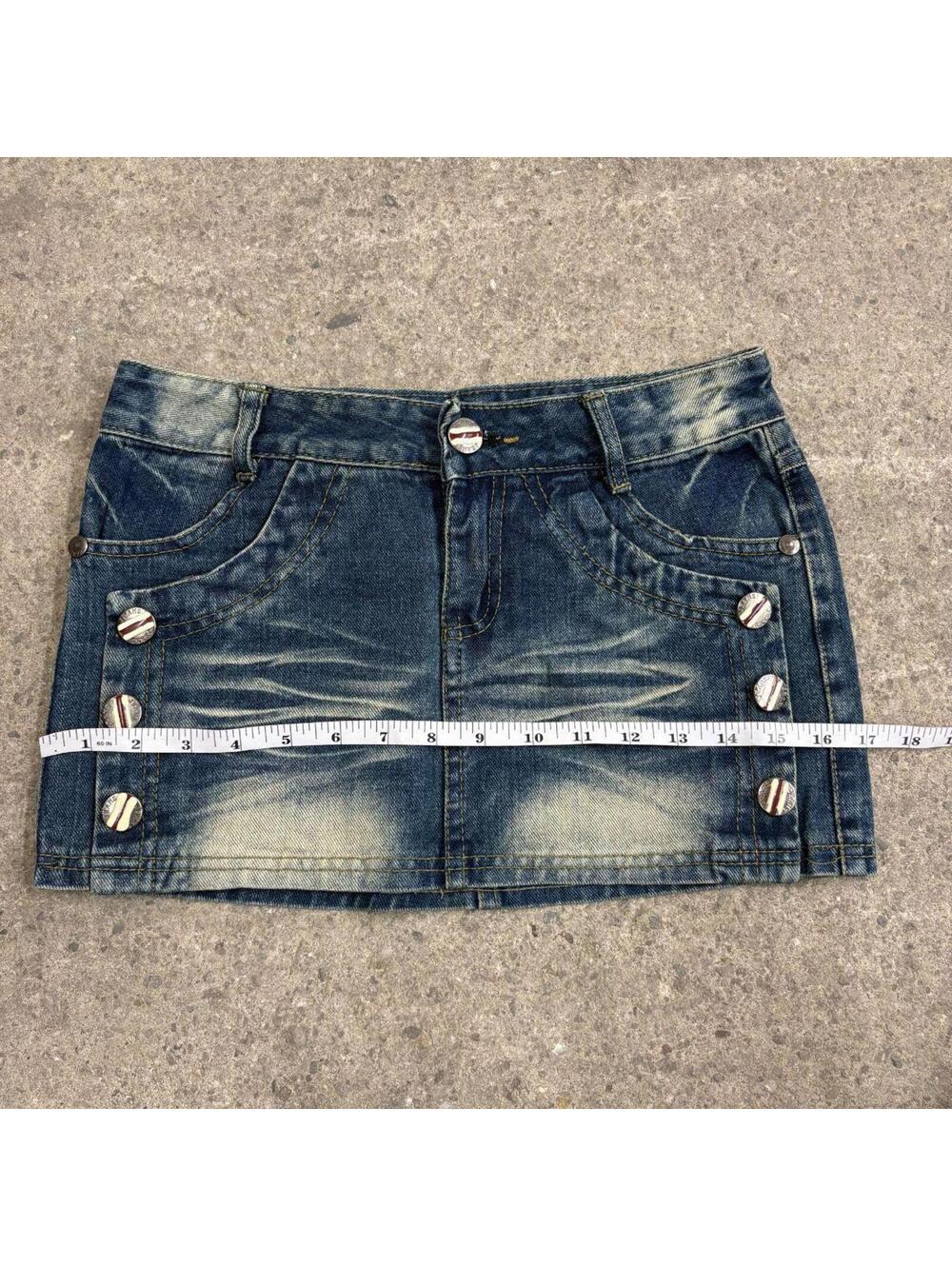 Vintage Y2K Denim Micro Mini Skirt Low Rise Sandblasted Sailor Panel - Picture 3 of 6